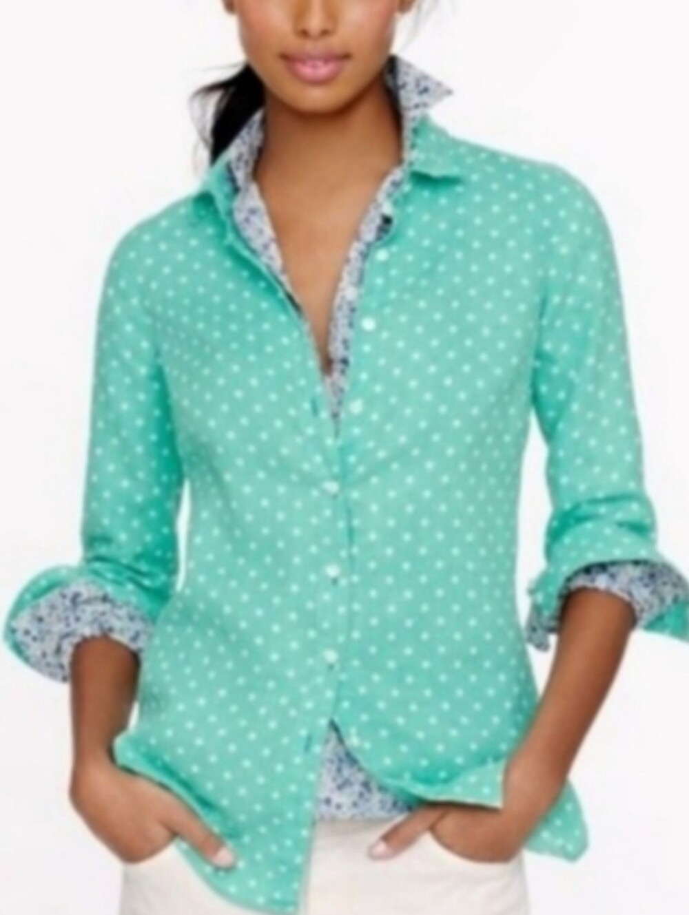 J CREW 100% Linen Mint Green Polka Dot Button-Up Shirt Sz 6